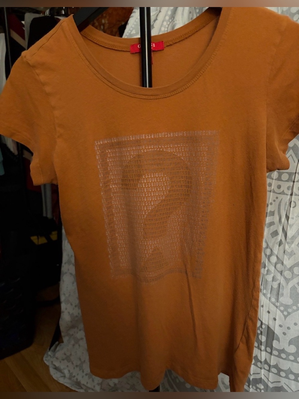 GUESS Women's Short Sleeve Tee in Rust Orange with Metallic Logo